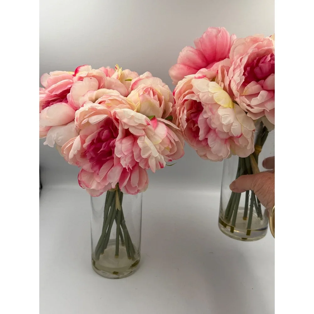 Set of 2 Faux Pink Peony Silk Flower Arrangements in Glass Vases with Faux Water